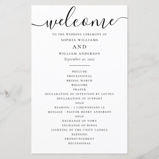 Black and white simple script wedding program (Front)