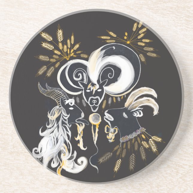 Black and white Singing Goats ink illustration Coaster (Front)