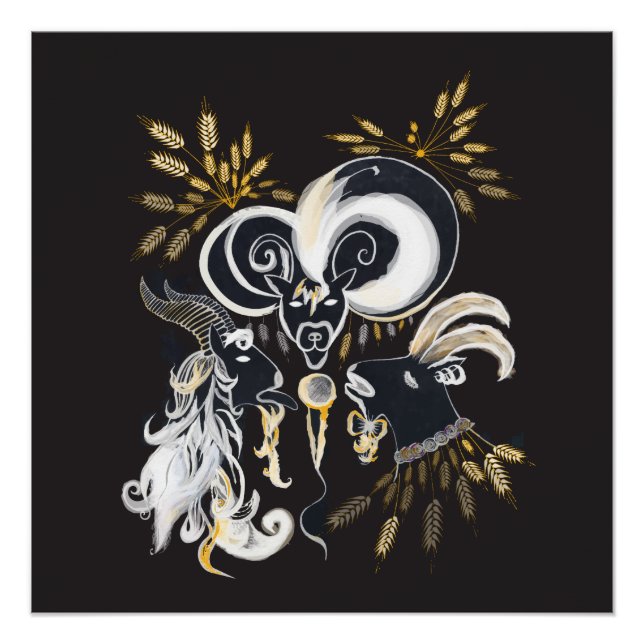 Black and white Singing Goats ink illustration Poster (Front)