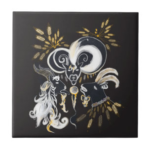 Black and white Singing Goats ink illustration Tile