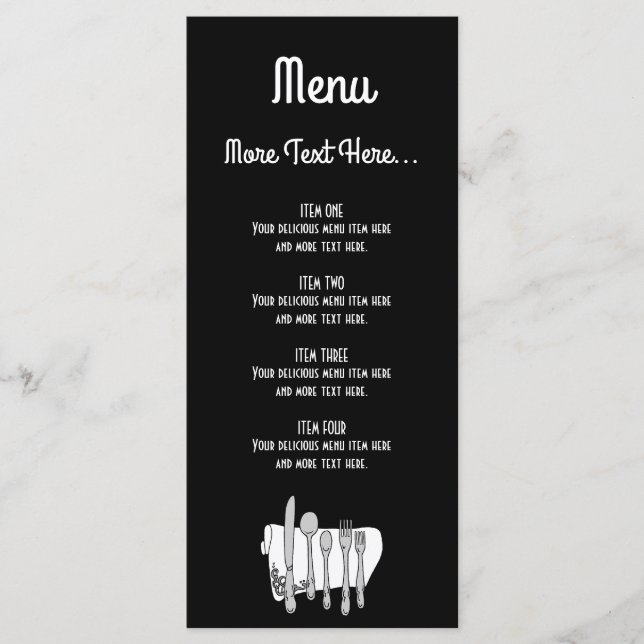 Black and White Siverware Design Menu Rack Card (Front)