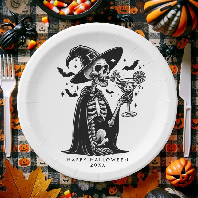 Black and White Skeleton Halloween Party Paper Plate (Black and White Skeleton Halloween Party Paper Plates)