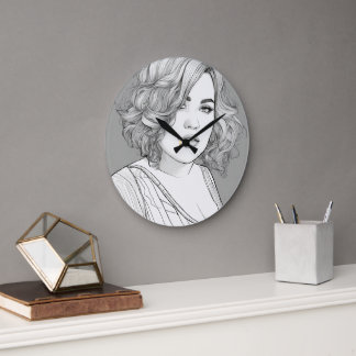 black and white sketch wall clock