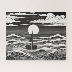 Black and White Sketched Lonely Boat at Sea Jigsaw Puzzle