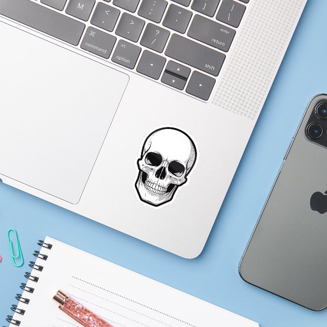 Black and White Skull Halloween Sticker (Laptop w/ iPhone)