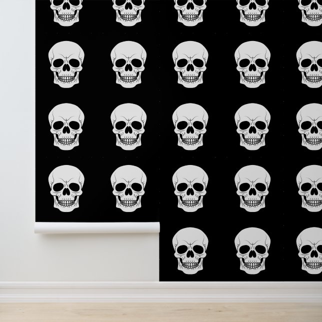 Black And White Skull Head Halloween Pattern Wallpaper (Application)