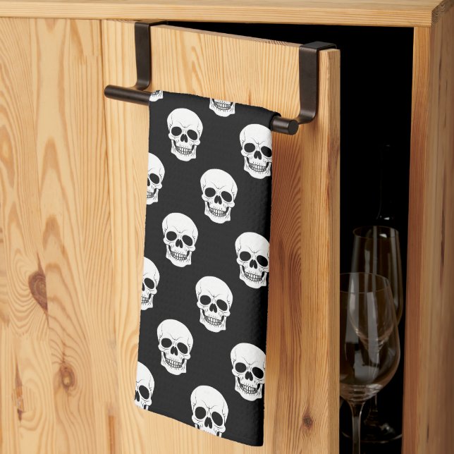 Black And White Skull Pattern Minimal Halloween Tea Towel (Thirds Fold)