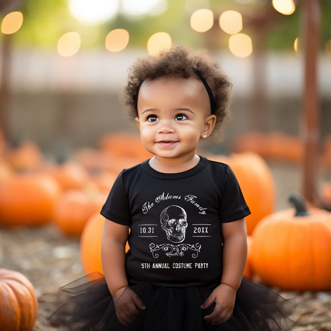 Black and White Skull Personalised Halloween Party Baby T-Shirt (Creator Uploaded)