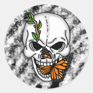 Black and White Skull with Monarch Butterfly    Classic Round Sticker