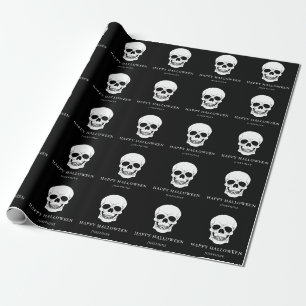 Black And White Skulls Happy Halloween Custom Name Wrapping Paper