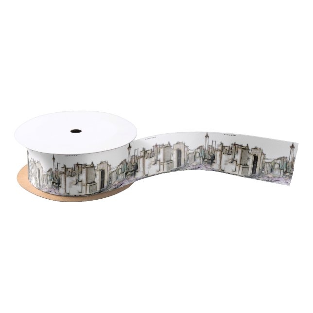 Black And White Skyline Newyork City Drawing Satin Ribbon (Spool)