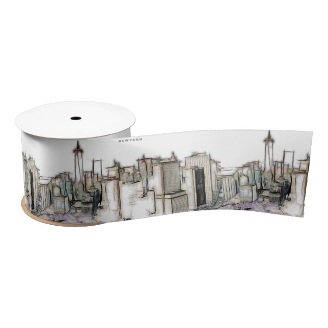 Black And White Skyline Newyork City Drawing Satin Ribbon (Spool)