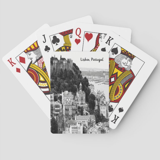 Black and White Skyline of Lisbon Portugal Playing Cards (Back)