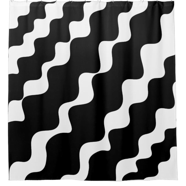 Black and white slanting waves pattern  shower curtain (Front)