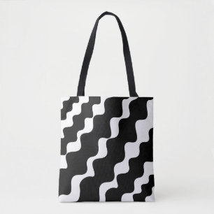 Black and white slanting waves pattern tote bag