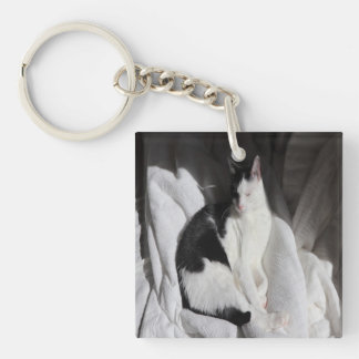 Black and White Sleeping Cat/Add Your Pet's Photo Key Ring