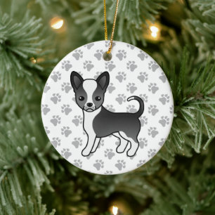 Black And White Smooth Coat Chihuahua Dog & Paws Ceramic Tree Decoration