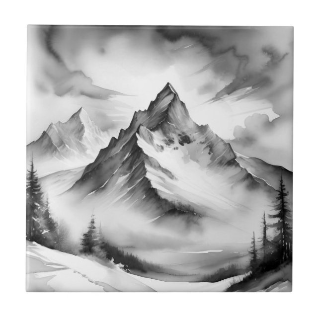 Black and white Snow covered mountains watercolor Tile (Front)