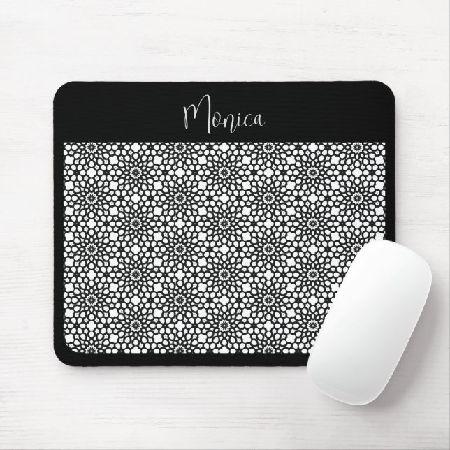 Black and White Snowflake Flower Pattern Mouse Pad (With Mouse)