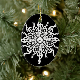 Black and White Snowflake Music Notes Monogram Ceramic Tree Decoration