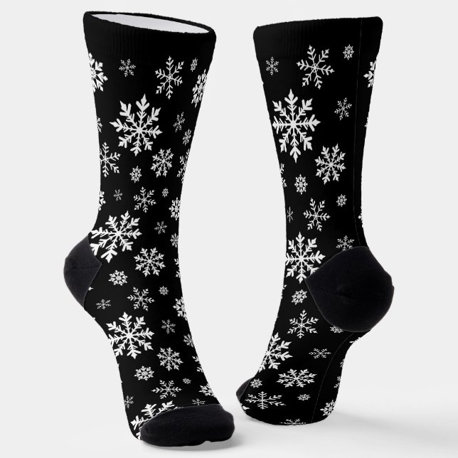 Black And White Snowflake Pattern Winter Design Socks (Angled)