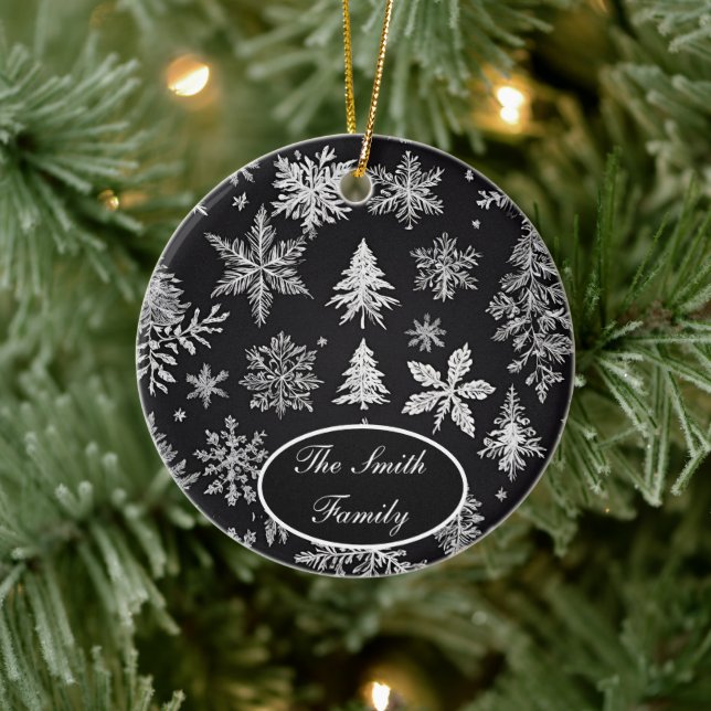Black and White Snowflake *Personalise* Ceramic Tree Decoration (Tree)
