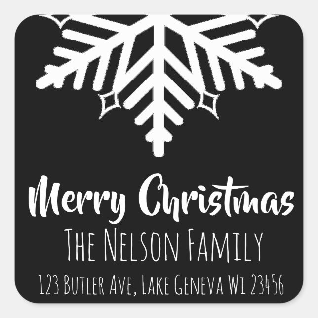 Black and White Snowflake Personalised Christmas Square Sticker (Front)