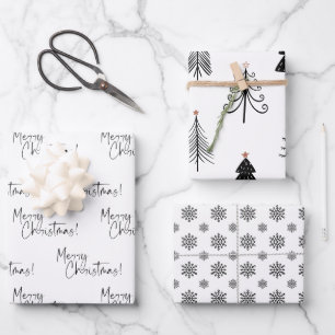 Black and White Snowflake Tree Merry Christmas Wrapping Paper Sheet