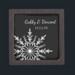 Black and White Snowflake Winter Wedding Jewellery Box<br><div class="desc">Customise the festive Black and White Snowflake Winter Wedding Gift Box with the personal names of the bride and groom and their December, January or February winter wonderland theme marriage ceremony date. Create a personalised keepsake wedding gift for the newlyweds or thank you present for your wedding attendants, bridesmaids and...</div>