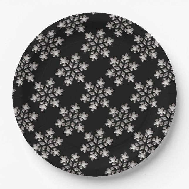 Black And White Snowflakes Christmas Holiday Xmas Paper Plate (Front)