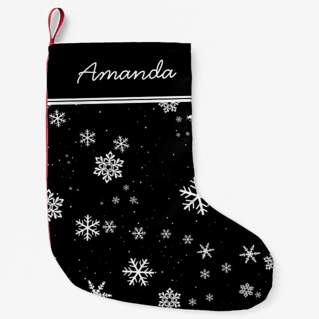 Black and White Snowflakes Elegant Personalizable Small Christmas Stocking (Front)