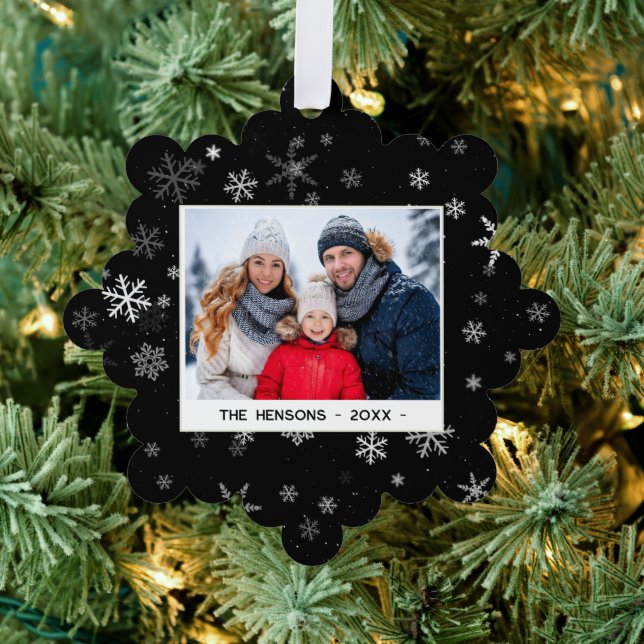 Black and White Snowflakes Merry Christmas Photo Tree Decoration Card (Insitu (Tree))