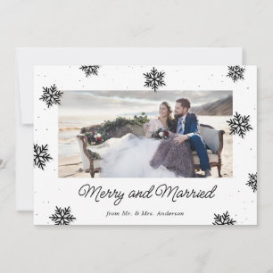 Black and White Snowflakes Photo Merry and Married Holiday Card
