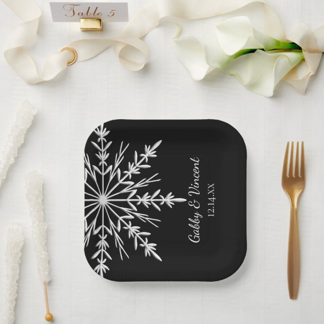 Black and White Snowflakes Winter Wedding Paper Plate (Wedding)