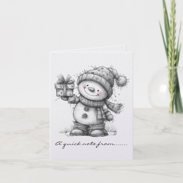 Black and White Snowman and Gift Note Card (Front)