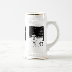 black and white snowman dressed for christmas beer stein