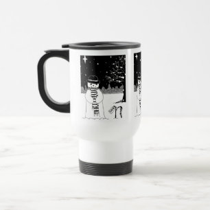black and white snowman dressed for christmas travel mug
