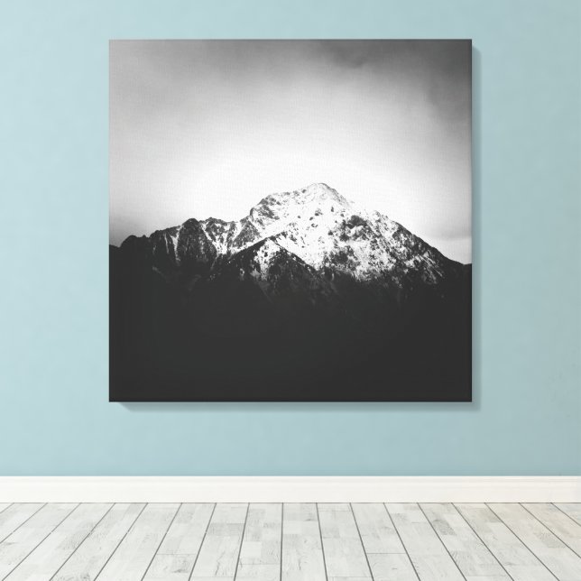 Black and white snowy mountain canvas print (Insitu(Wood Floor))