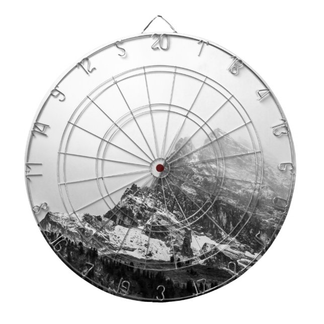 Black and White Snowy Mountain Dartboard (Front)