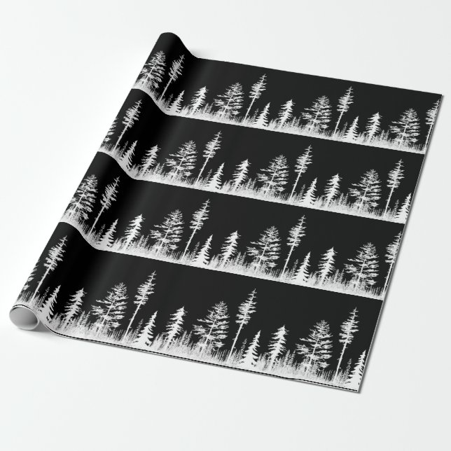 Black And White Snowy Winter Woodland Forest Large Wrapping Paper (Unrolled)