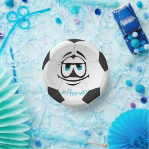 Black and white soccer ball funny face paper plate