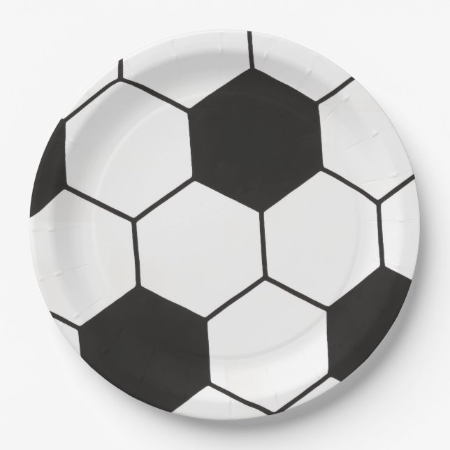 Black and White Soccer Ball Pattern Geometric  Paper Plate (Front)