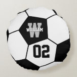 Black and White Soccer Ball Sports Monogram Round Cushion<br><div class="desc">Black and White Soccer Ball Sports Monogram Round Pillow</div>