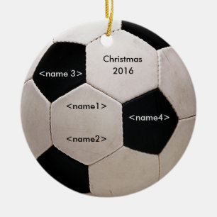 Black and White Soccer Ball with names Ceramic Tree Decoration