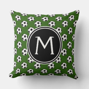 Black and White Soccer Balls on Green Monogram Cushion