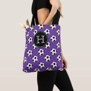 Black and White Soccer Balls on Purple Monogram Tote Bag