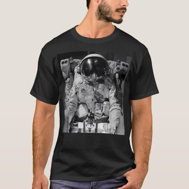 Black And White Space Earth Astronaut T-Shirt (Front)