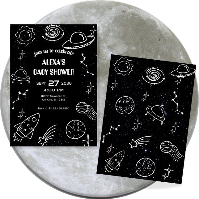 Black and white space planet baby shower invitation (Creator Uploaded)