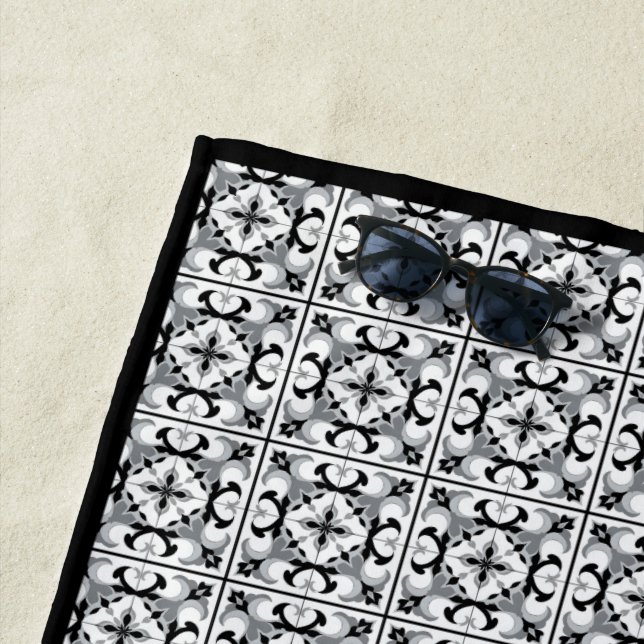 Black and White Spanish Style Tile Beach Towel (In Situ)