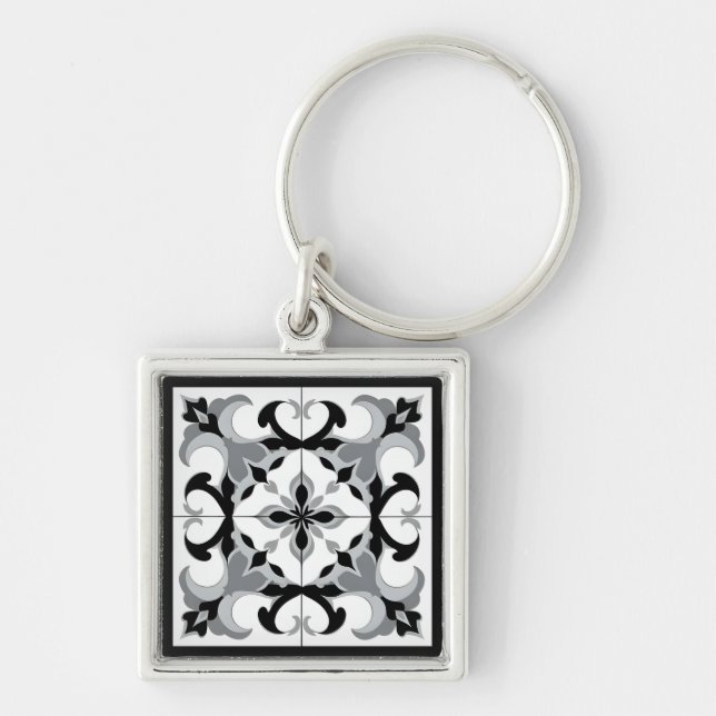 Black and White Spanish Style Tile Key Ring (Front)